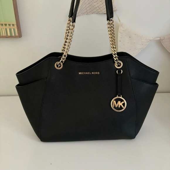 Michael Kors Jet Set Travel Large Saffiano Black Leather Chain Tote Shoulder Bag - Picture 4 of 13